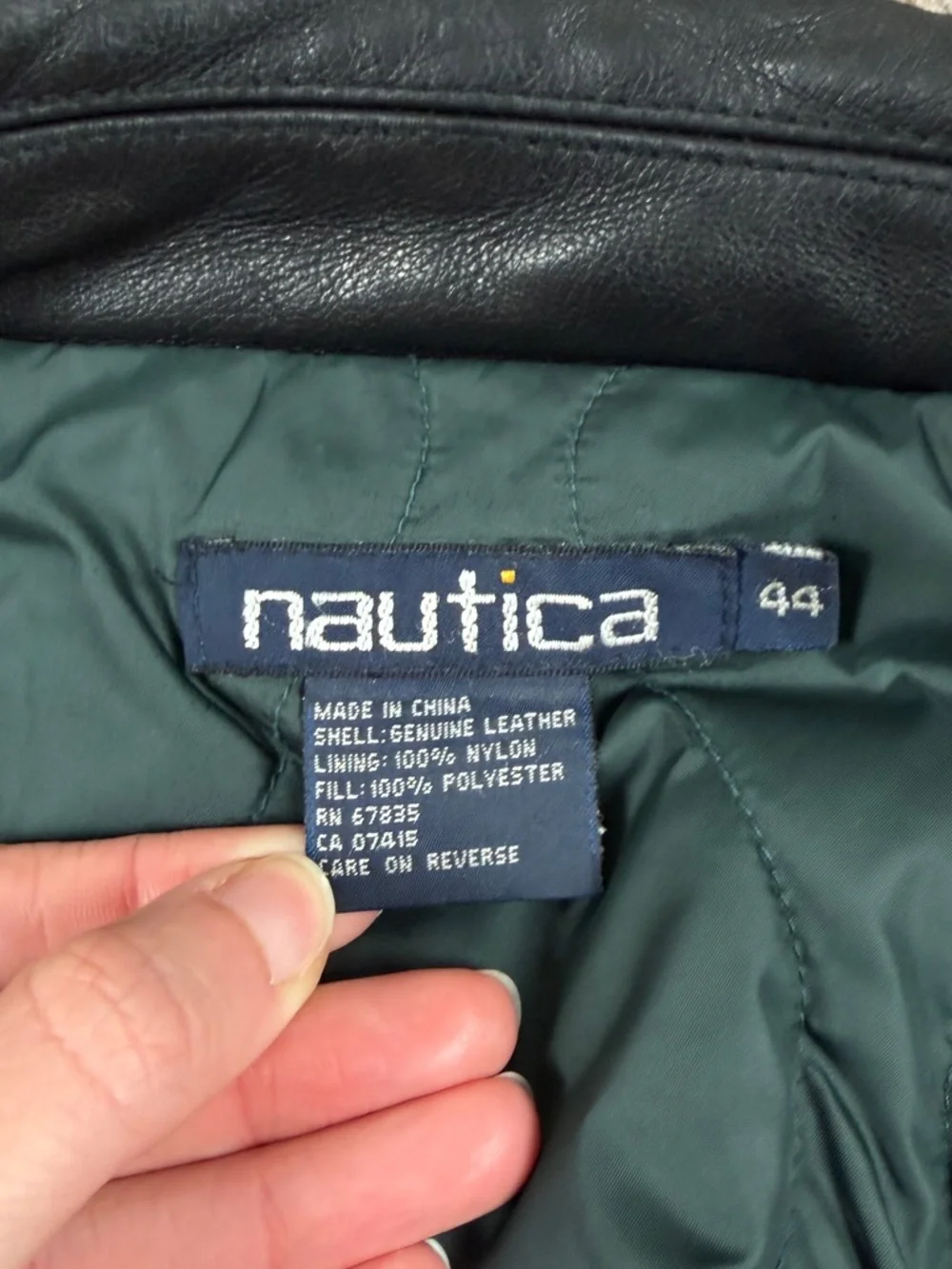 Vintage Nautica Black Leather Full Zip Moto Jacket Men’s 44 XL Waist Buckle 90s